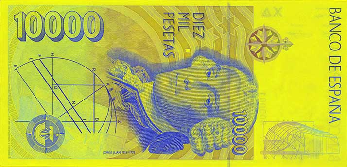 Bankovka 10 000 peset –⁠ rubová strana